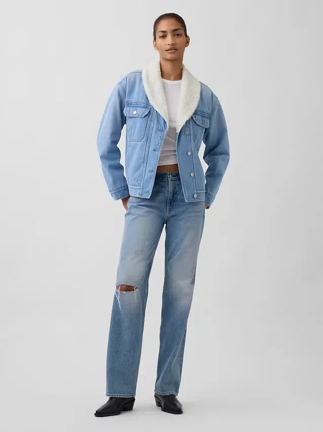 Sherpa-fodrad denimjacka med sjalkrage