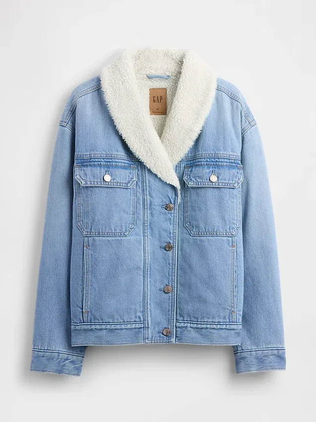 Sherpa-fodrad denimjacka med sjalkrage
