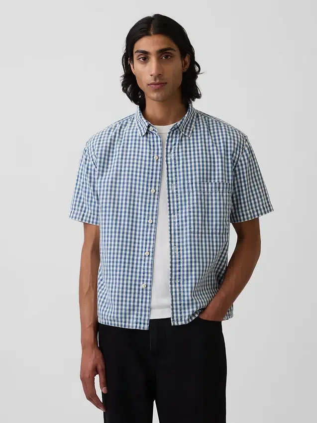 Skjorta i gingham-denim med avslappnad passform och rak nederkant