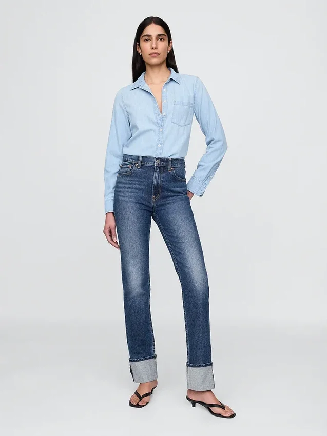 Slim Straight-jeans med hög midja och uppvikt benslut i 90-talsstil