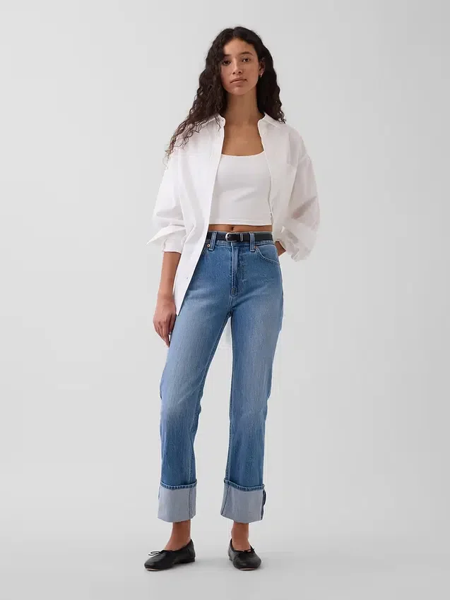 Slim Straight-jeans med hög midja och uppvikt benslut i 90-talsstil