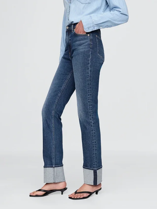 Slim Straight-jeans med hög midja och uppvikt benslut i 90-talsstil