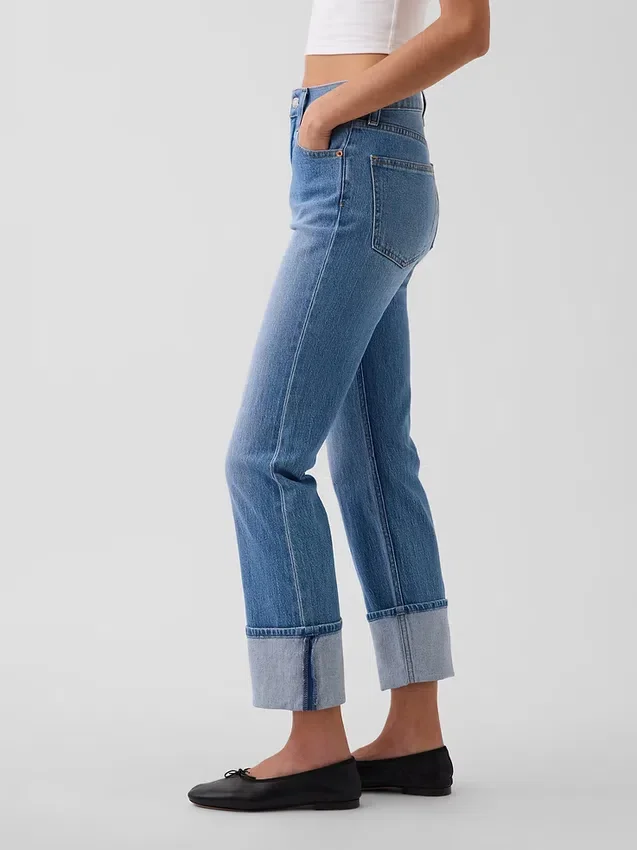 Slim Straight-jeans med hög midja och uppvikt benslut i 90-talsstil