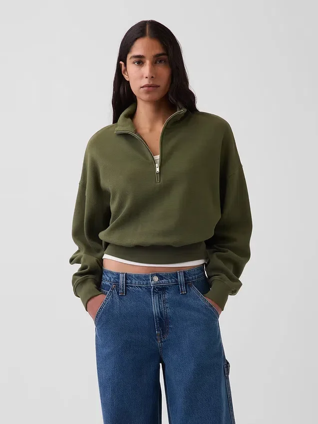 Strukturerad bomullströja i oversized-modell med halv dragkedja