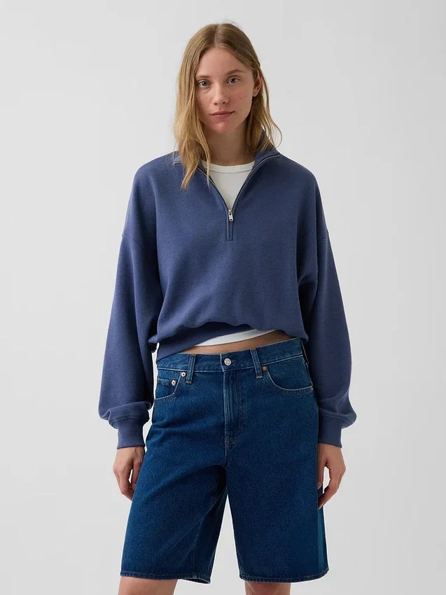 Strukturerad bomullströja i oversized-modell med halv dragkedja