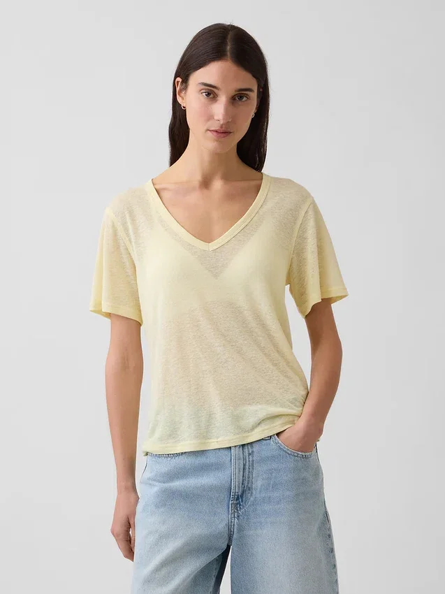 T-shirt i linneblandning med avslappnad passform och V-ringning