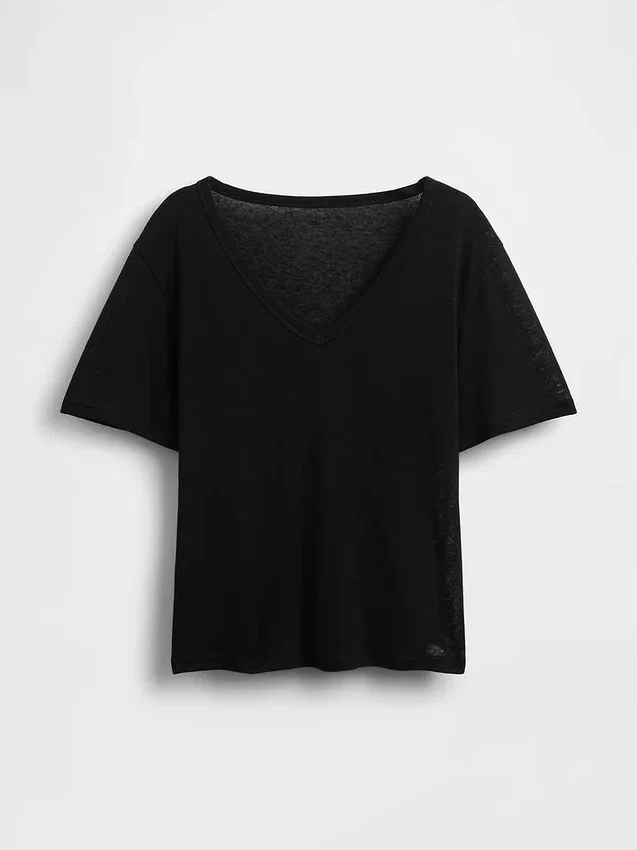 T-shirt i linneblandning med avslappnad passform och V-ringning