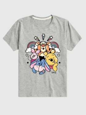 T-shirt med kort ärm och motiv för småbarn: Nalle Puh och vännerna – regnbåge och stjärnor
