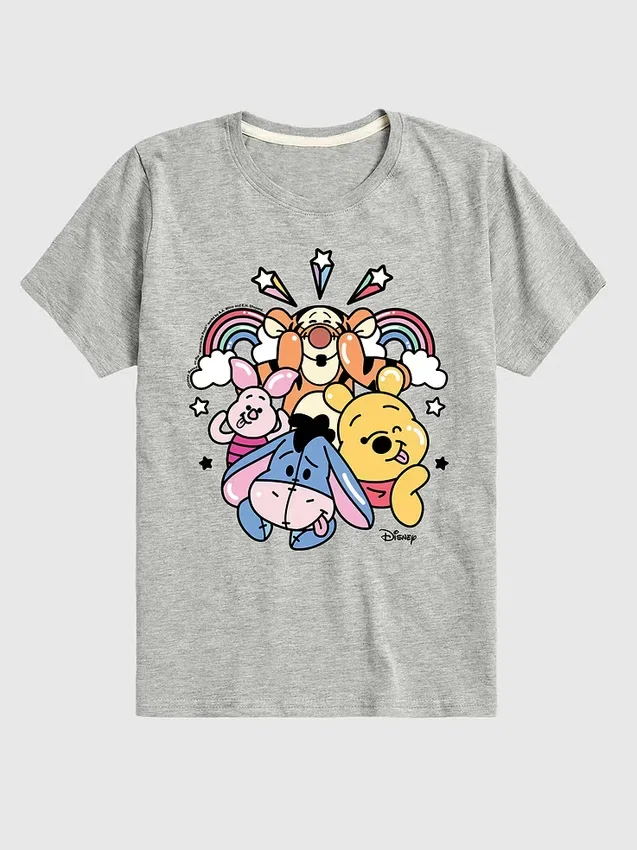 T-shirt med kort ärm och motiv för småbarn: Nalle Puh och vännerna – regnbåge och stjärnor