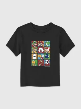 T-shirt med motiv av Nintendo-karaktärer i låda för småbarn