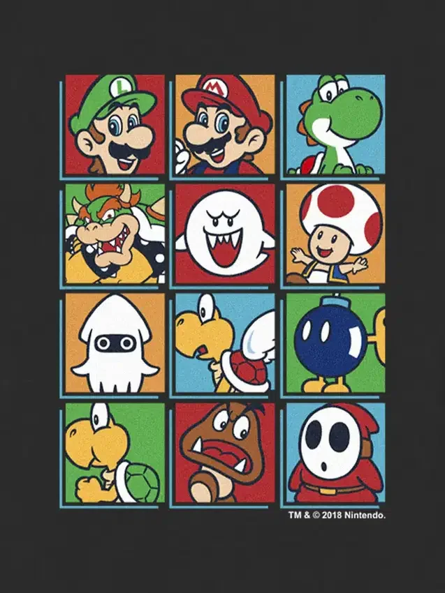 T-shirt med motiv av Nintendo-karaktärer i låda för småbarn