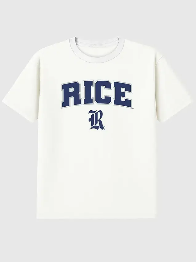 T-shirt med Rice Universitys Arch Logo som sekundär grafik