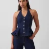 Tajt denimtop med halterneck och peplum