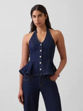 Tajt denimtop med halterneck och peplum