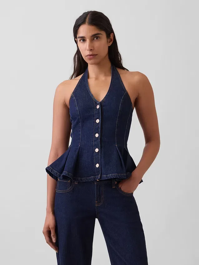 Tajt denimtop med halterneck och peplum