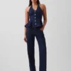 Tajt denimtop med halterneck och peplum