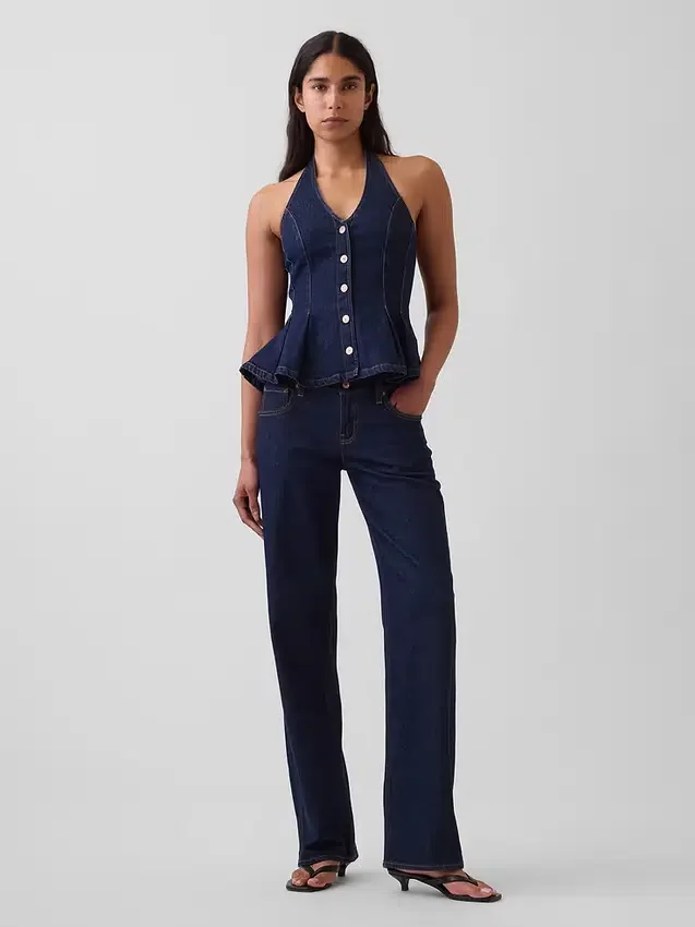 Tajt denimtop med halterneck och peplum