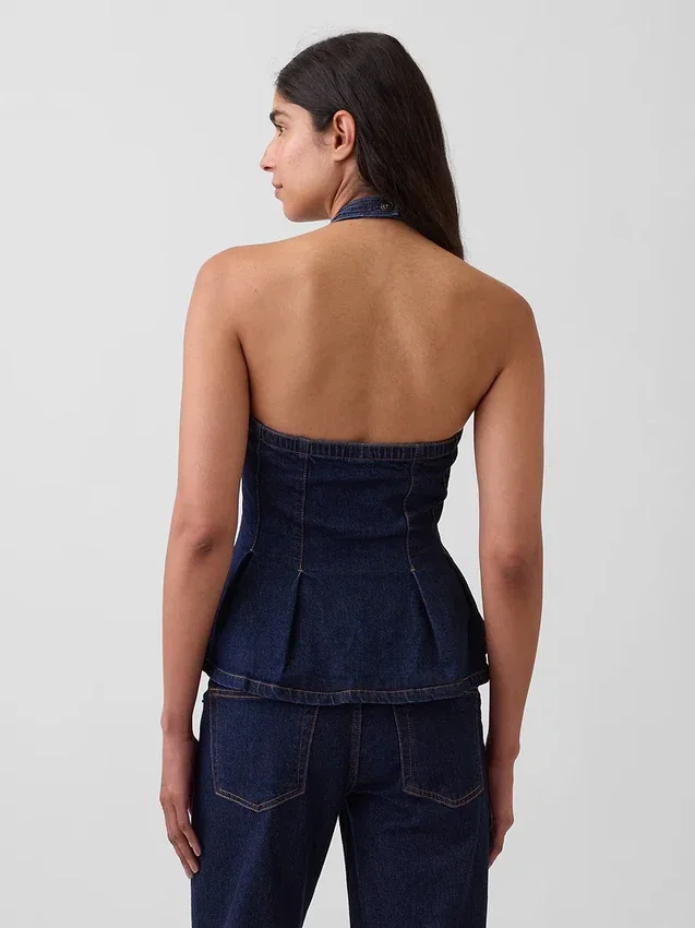 Tajt denimtop med halterneck och peplum