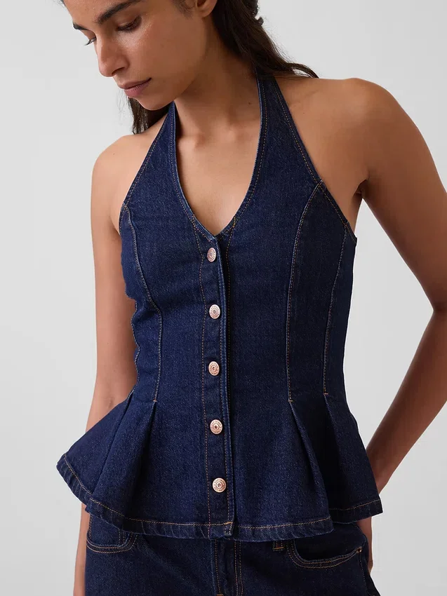 Tajt denimtop med halterneck och peplum