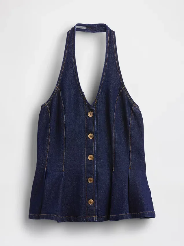 Tajt denimtop med halterneck och peplum
