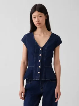 Tajt sittande peplum-top i denim med korta ärmar