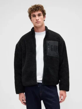 Återvunnen Sherpa-jacka med överdimensionerad logotyp och dragkedja