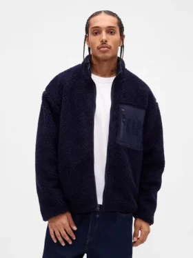 Återvunnen Sherpa-jacka med överdimensionerad logotyp och dragkedja