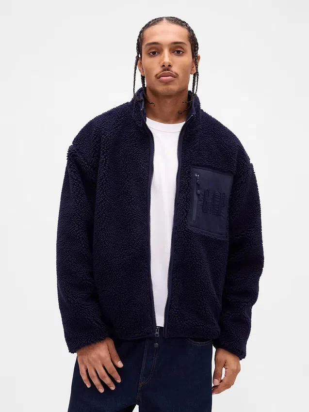 Återvunnen Sherpa-jacka med överdimensionerad logotyp och dragkedja