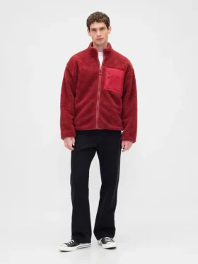 Återvunnen Sherpa-jacka med överdimensionerad logotyp och dragkedja
