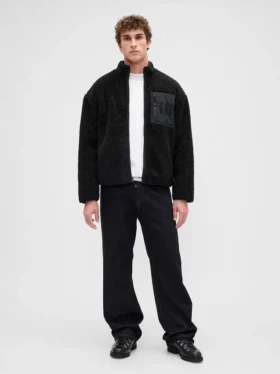 Återvunnen Sherpa-jacka med överdimensionerad logotyp och dragkedja