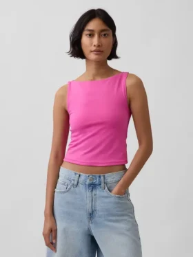 Tätstickad jersey-tanktop med båthals och kort passform