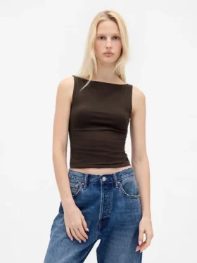 Tätstickad jersey-tanktop med båthals och kort passform