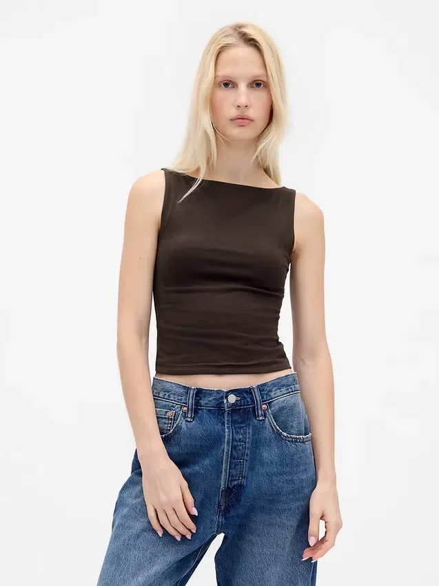 Tätstickad jersey-tanktop med båthals och kort passform
