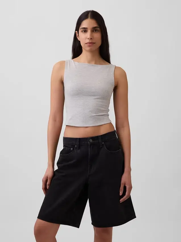 Tätstickad jersey-tanktop med båthals och kort passform