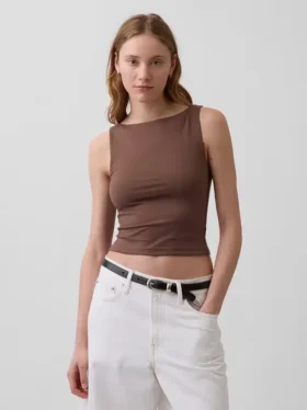 Tätstickad jersey-tanktop med båthals och kort passform