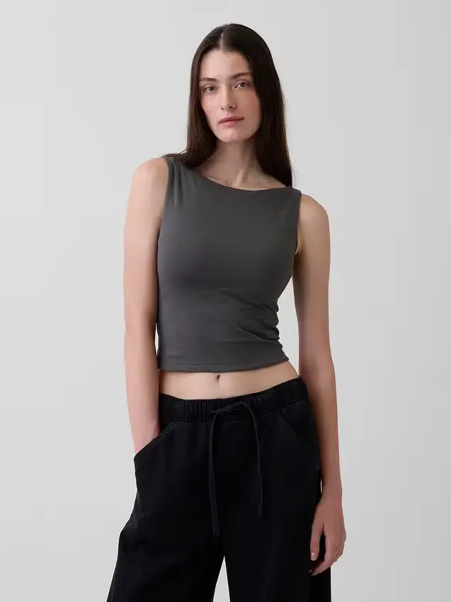 Tätstickad jersey-tanktop med båthals och kort passform