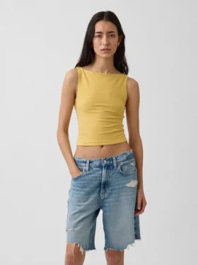 Tätstickad jersey-tanktop med båthals och kort passform