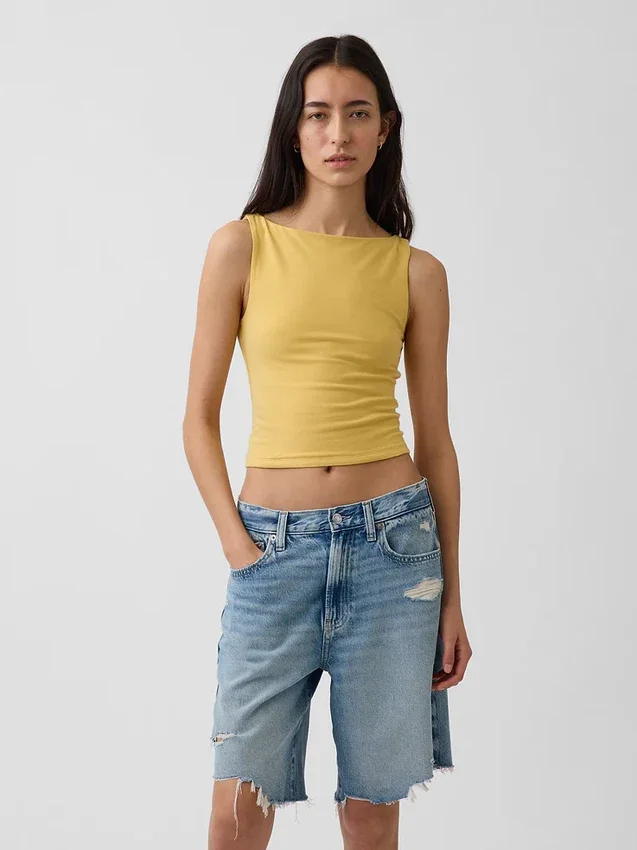 Tätstickad jersey-tanktop med båthals och kort passform
