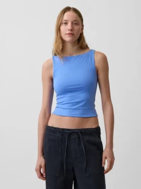 Tätstickad jersey-tanktop med båthals och kort passform