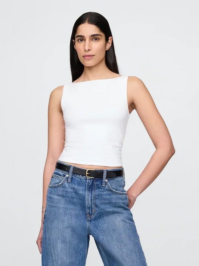 Tätstickad jersey-tanktop med båthals och kort passform