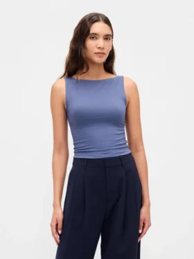 Tätstickad jersey-tanktop med båthals och kort passform