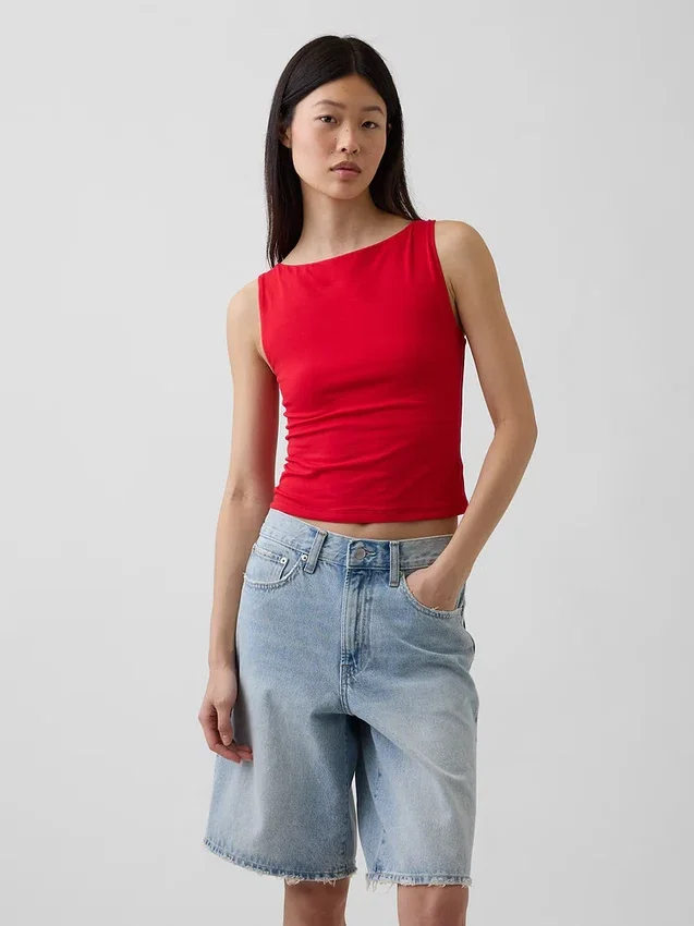 Tätstickad jersey-tanktop med båthals och kort passform