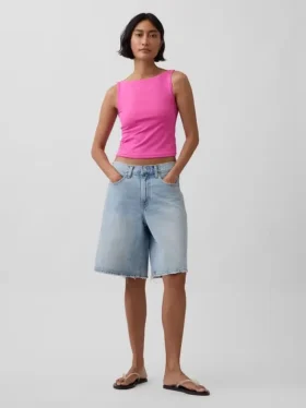 Tätstickad jersey-tanktop med båthals och kort passform