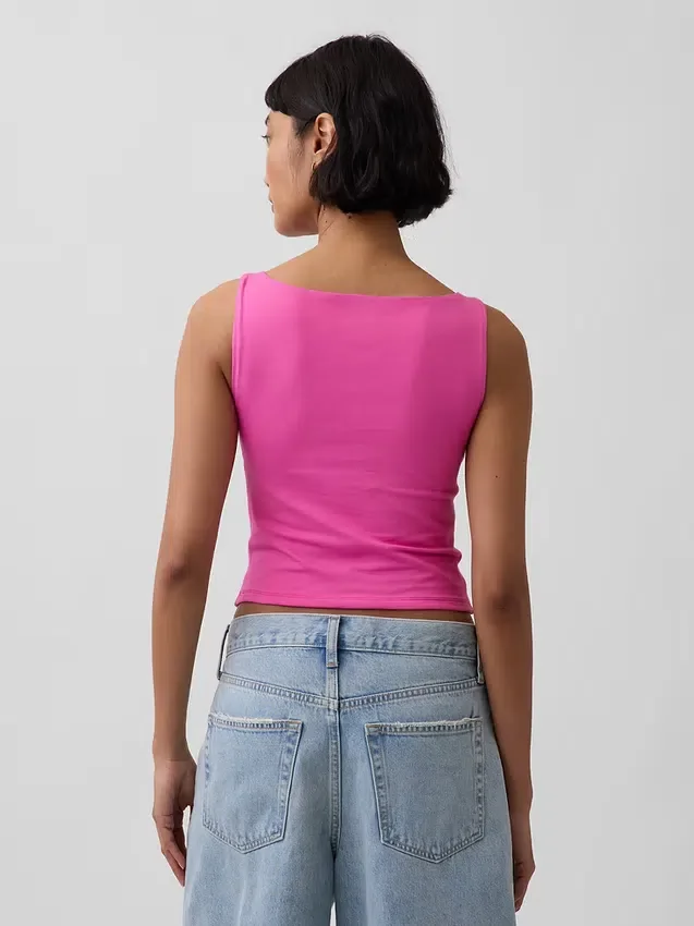 Tätstickad jersey-tanktop med båthals och kort passform