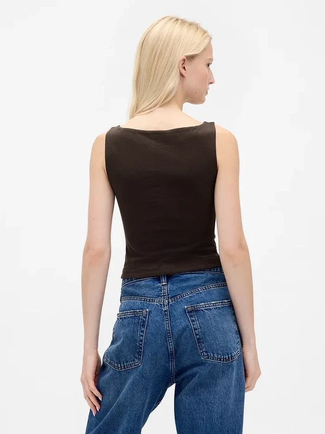 Tätstickad jersey-tanktop med båthals och kort passform