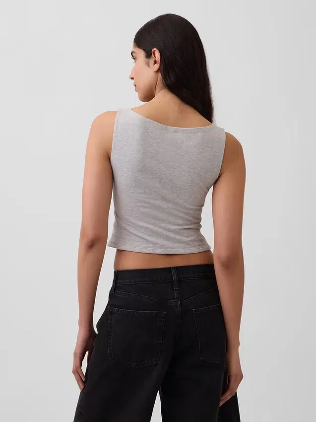 Tätstickad jersey-tanktop med båthals och kort passform