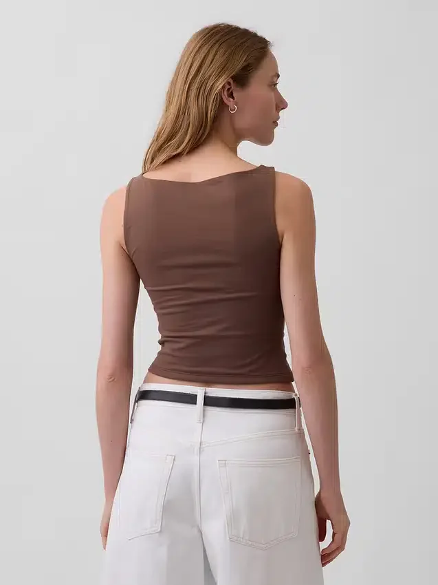 Tätstickad jersey-tanktop med båthals och kort passform