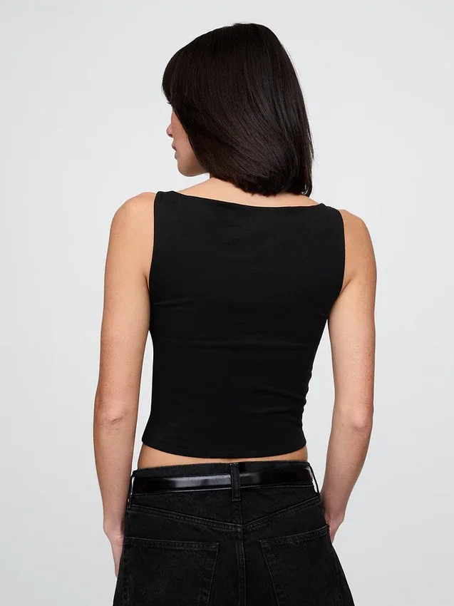 Tätstickad jersey-tanktop med båthals och kort passform
