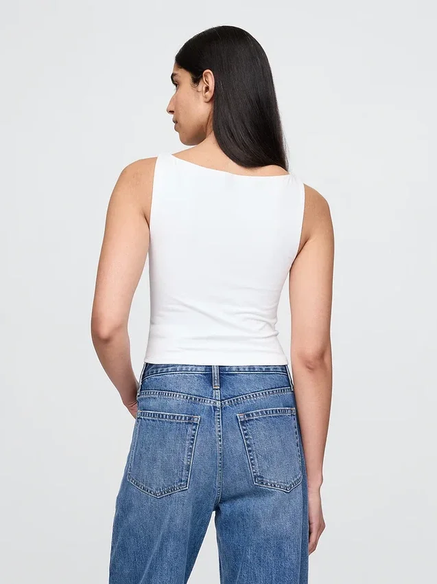 Tätstickad jersey-tanktop med båthals och kort passform