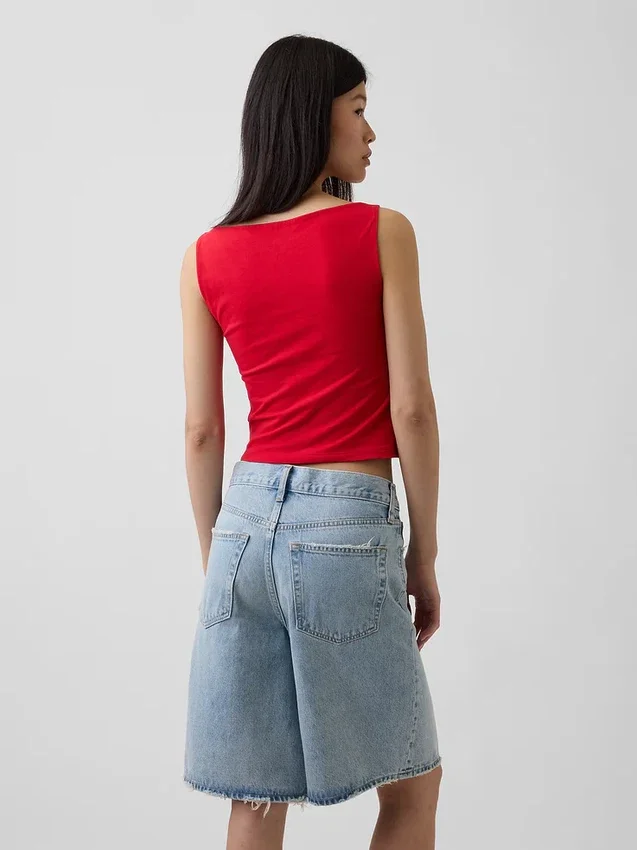 Tätstickad jersey-tanktop med båthals och kort passform